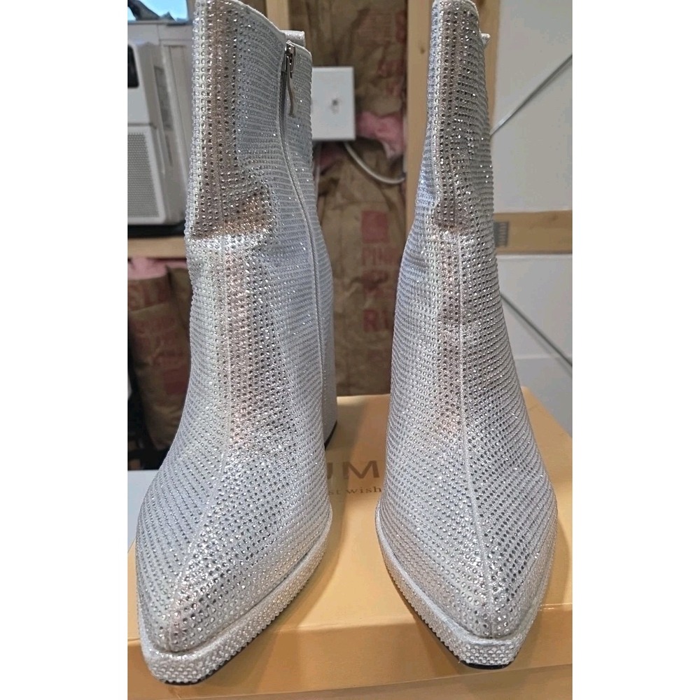 Lumuta Silver Rhinestone Ankle Boots Women's‎ 10.5 Block Heel Platform Zip NIB